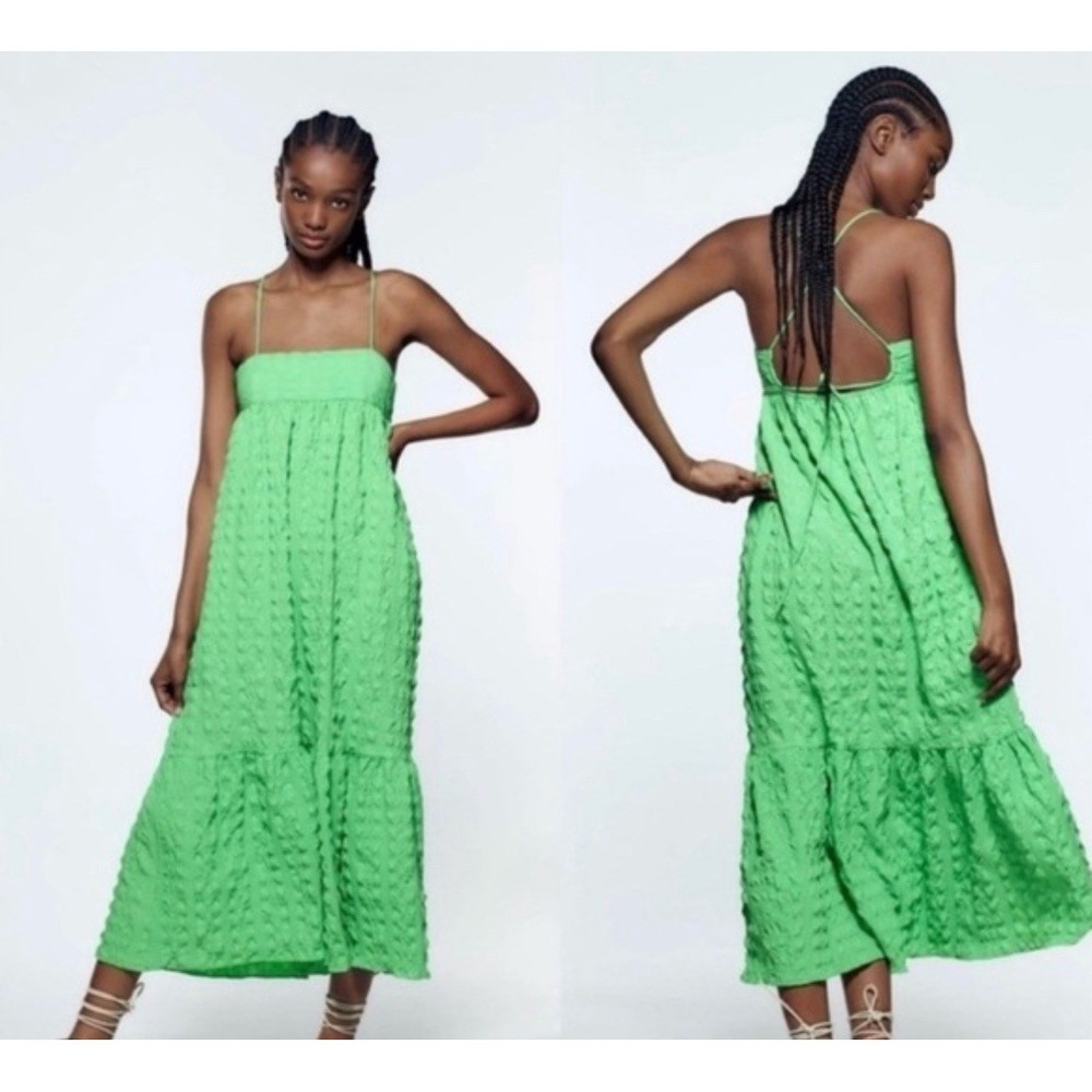 HTF ZARA MAXI DRESS MIDI GREEN TEXTURE LONG GREEN OPEN BACK DRESS • Size XS